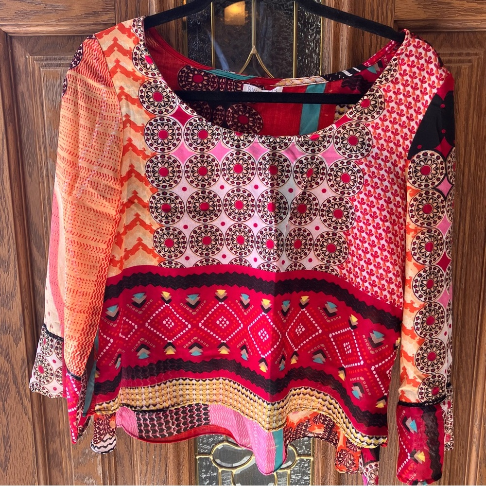 Anthropologie Patrons of Peace Split Back Long Sleeve Patterned Boho Blouse Sz S